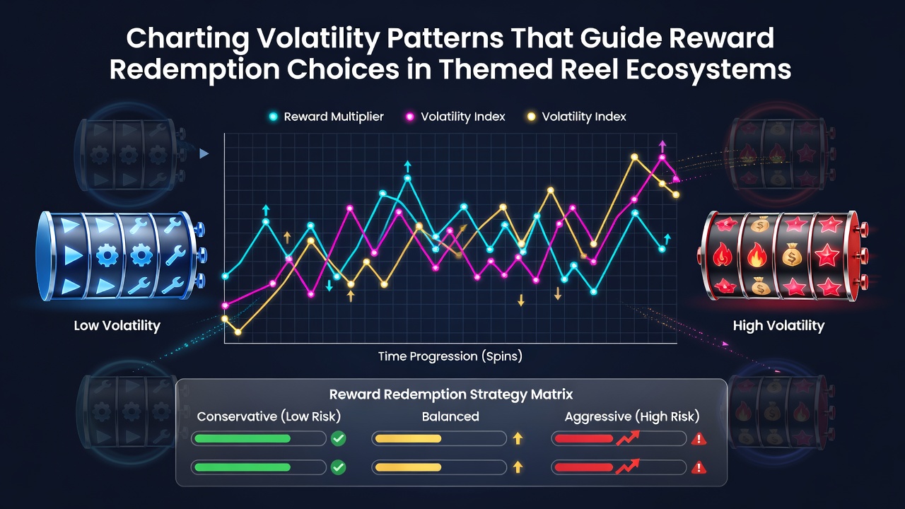 Volatility pattern charts displayed on multiple screens showing themed reel ecosystems and reward distribution data