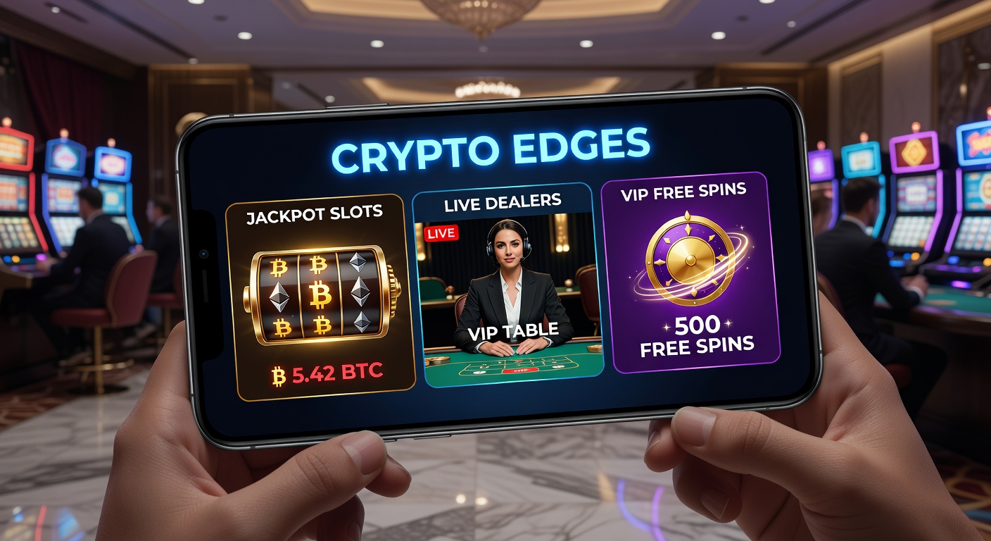 Live dealer blackjack table on mobile with crypto wallet interface open, jackpot slot in background, and VIP spins notification popping up