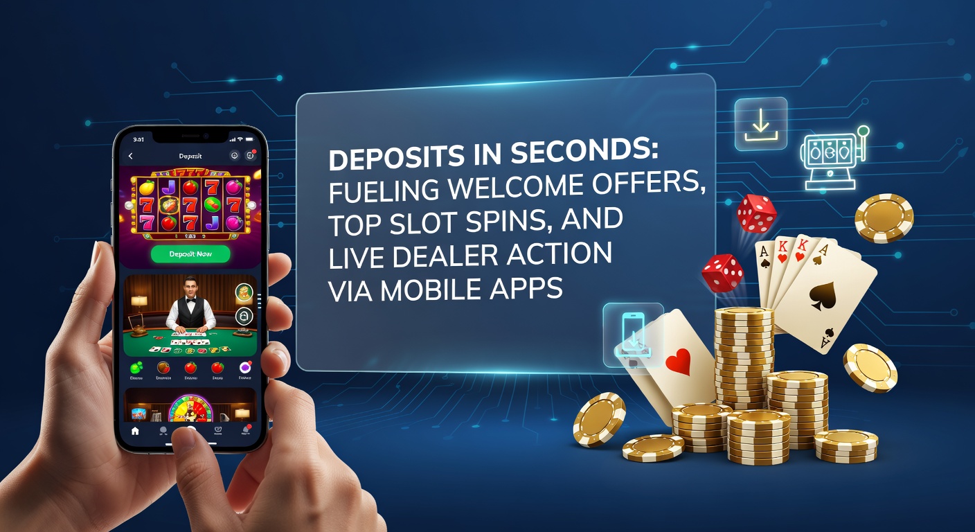 Smartphone screen displaying instant deposit confirmation unlocking welcome bonus credits alongside vibrant slot reels and live dealer table previews