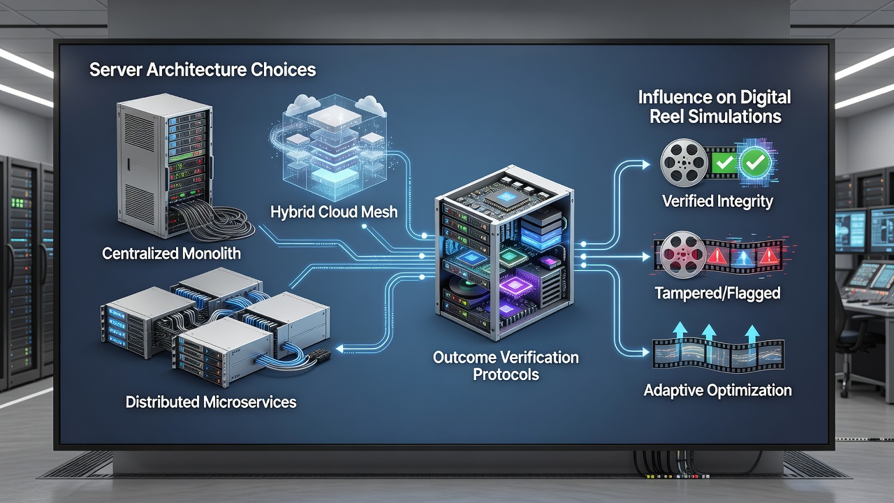 Network diagram showing distributed servers verifying digital reel outcomes across multiple nodes