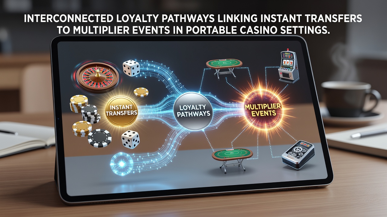 Mobile casino app interface showing loyalty pathways connected to instant transfers and multiplier events