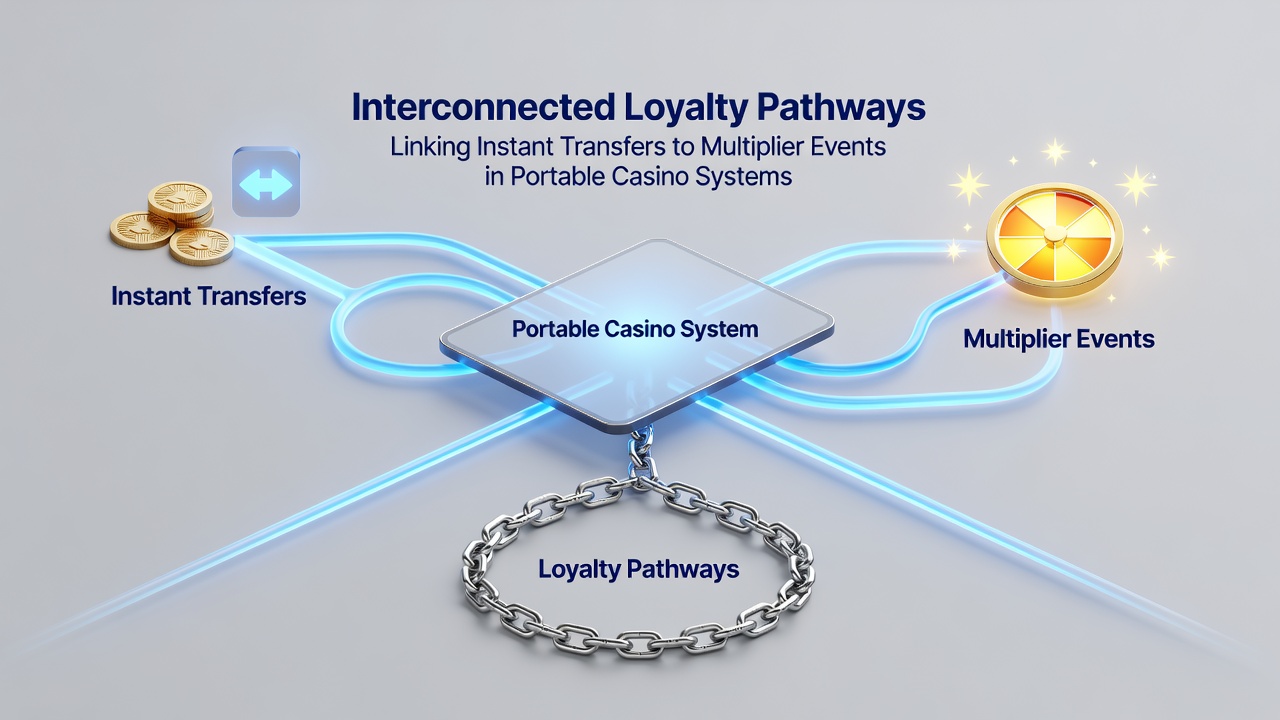 Illustration of interconnected loyalty pathways in mobile casino apps with transfer and multiplier connections