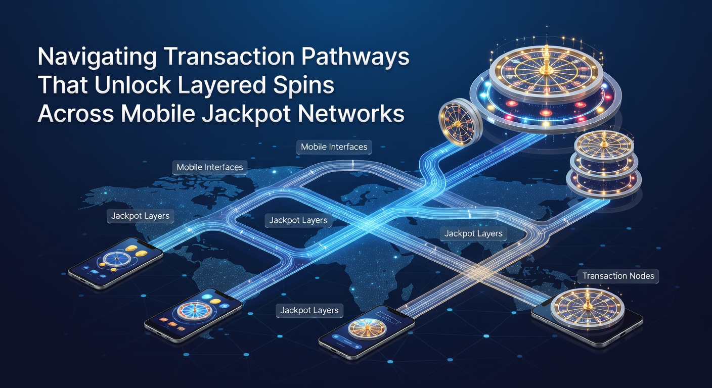 Mobile device displaying layered jackpot spin interfaces connected through secure transaction pathways