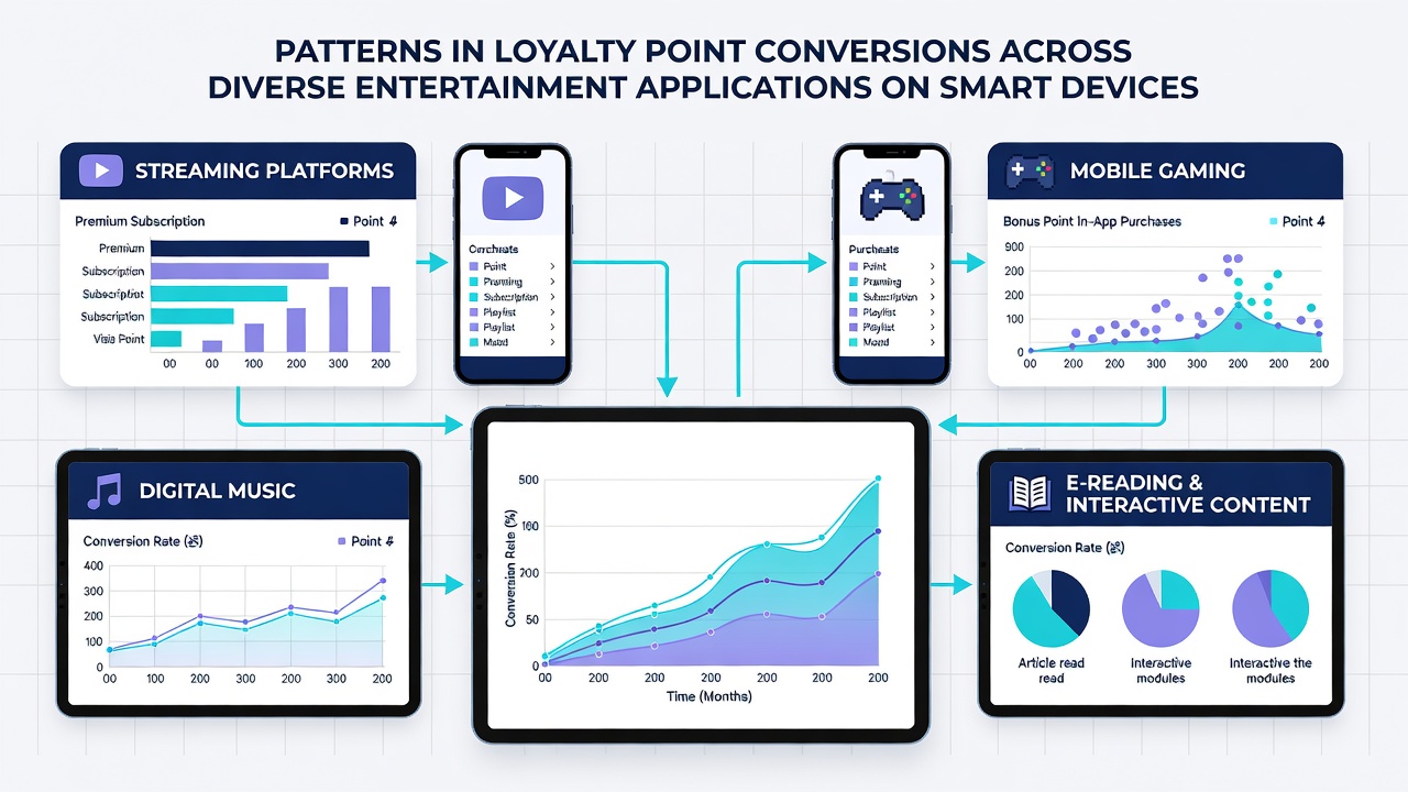Graph illustrating loyalty point conversion rates across different entertainment app categories on mobile devices